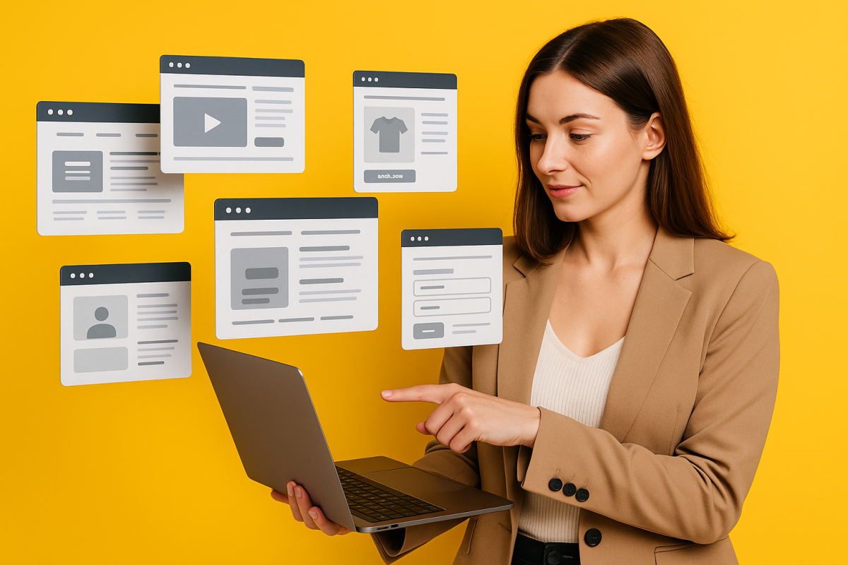 Mulher interagindo com websites em um laptop