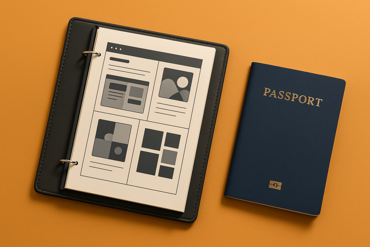 capa de portfólio e passaporte sobre fundo laranja