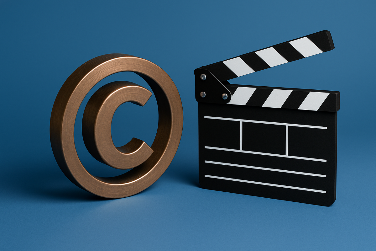 símbolo de copyright e claquete de cinema