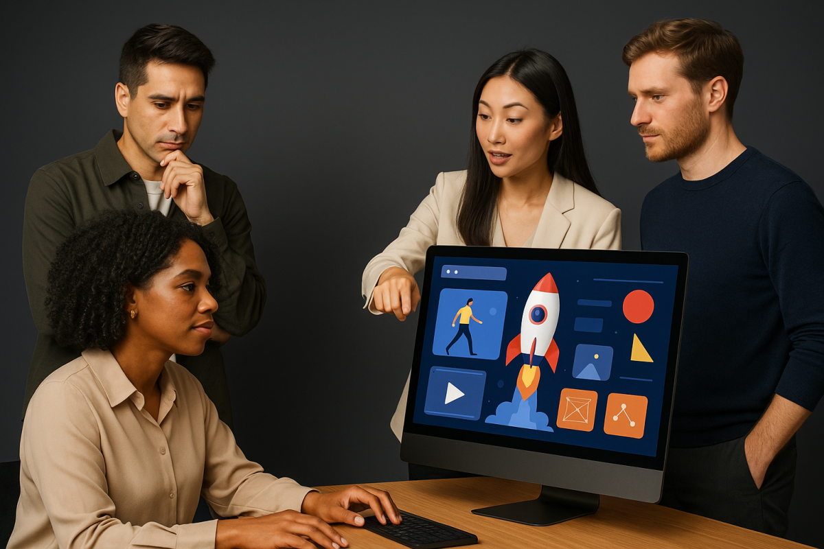 Quatro pessoas discutindo sobre design em frente a um computador.