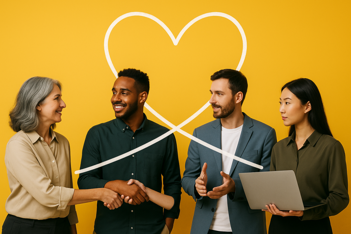 quatro pessoas interagindo com uma expressão positiva