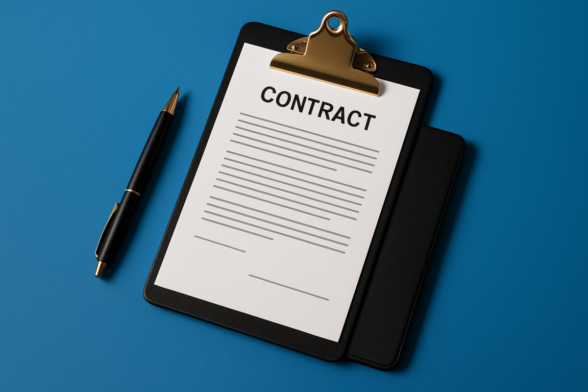 contrato em um clipboard com uma caneta ao lado