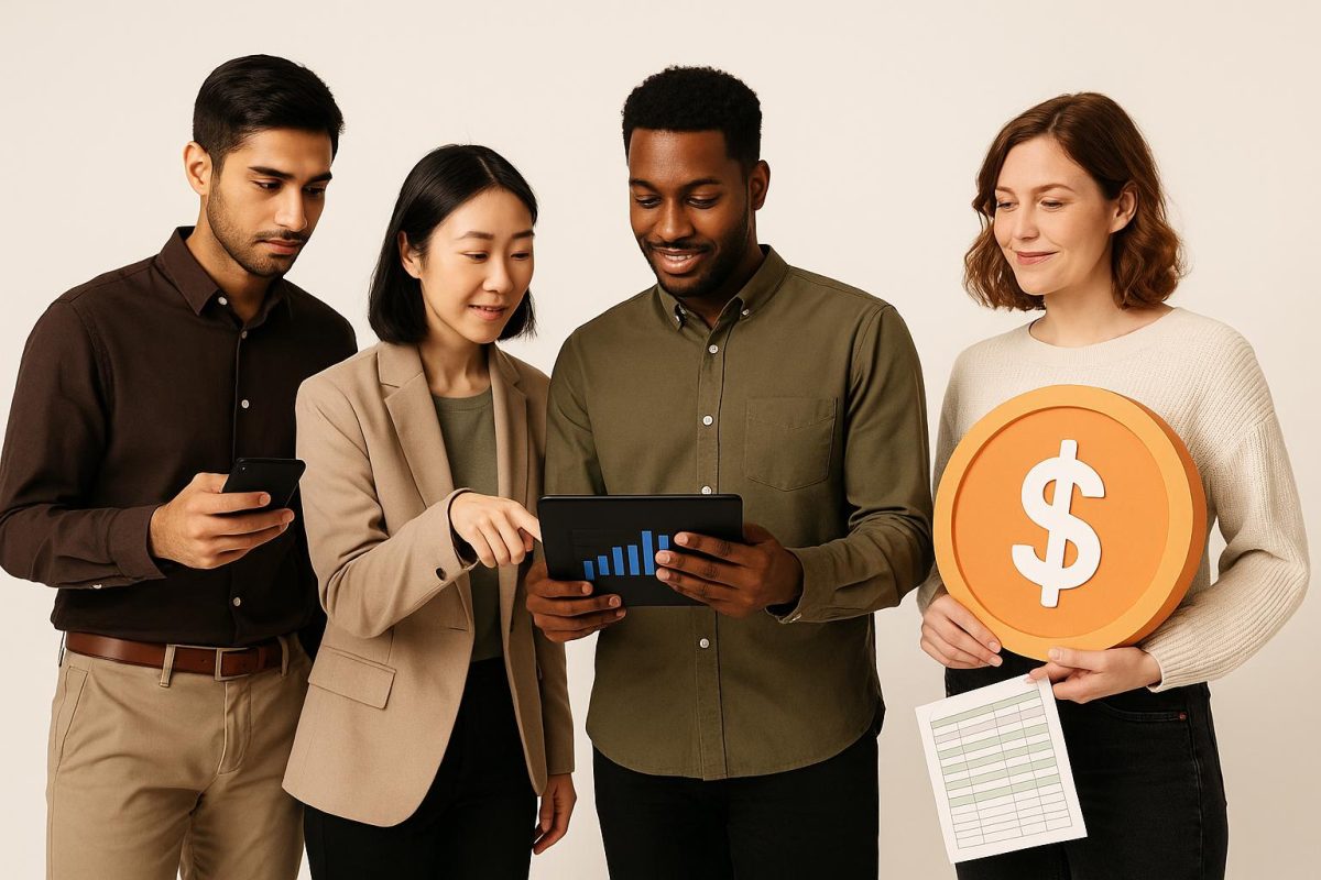 Grupo discutindo sobre finanças com tablet e gráficos.