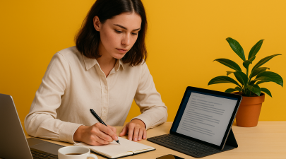 mulher escrevendo em um caderno com laptop e tablet