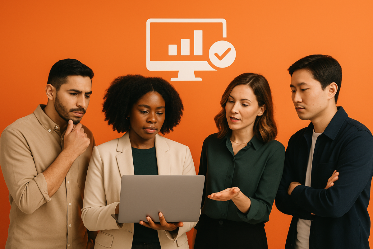 Grupo analisando dados em laptop