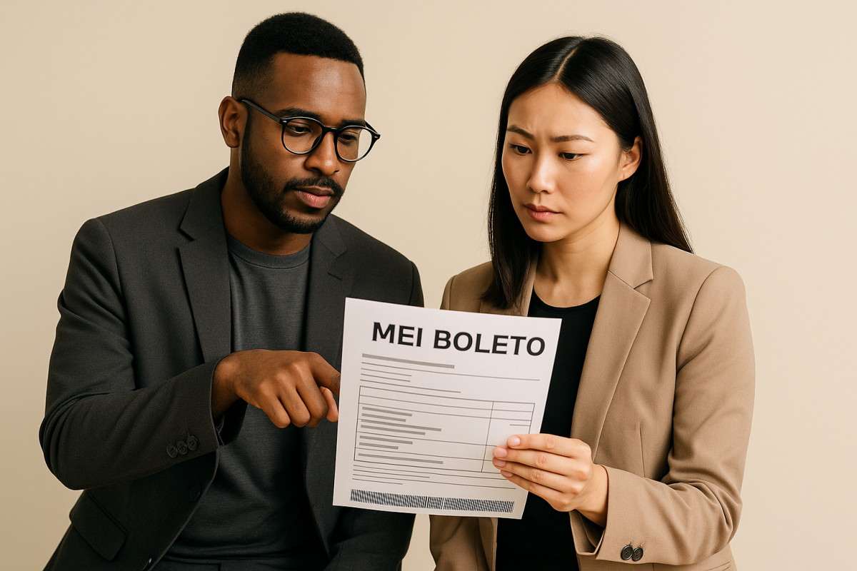 duas pessoas analisando um boleto
