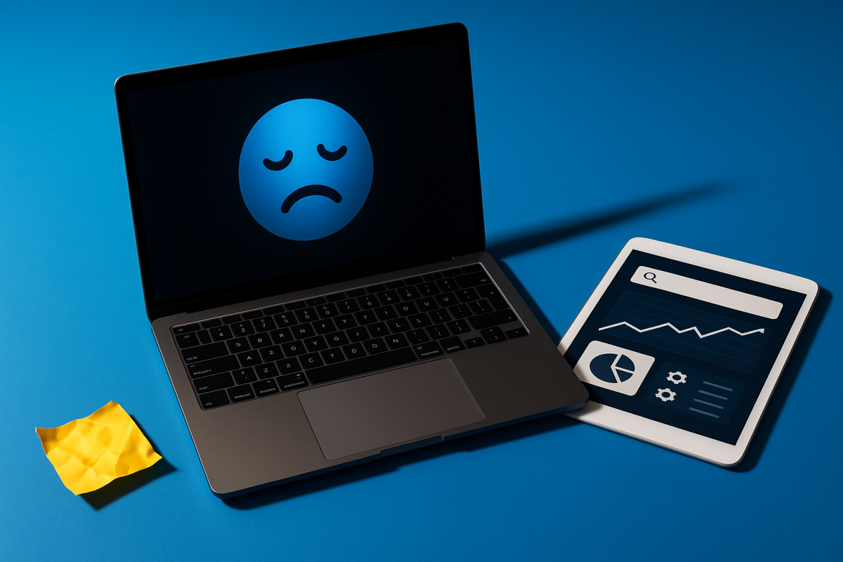Laptop e tablet com ícone de tristeza