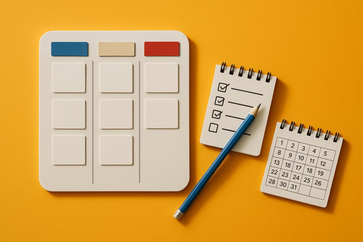 materiais de organização sobre fundo amarelo