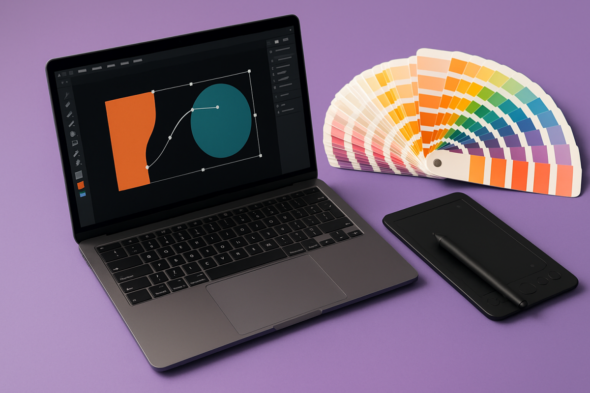 laptop com design gráfico e paleta de cores