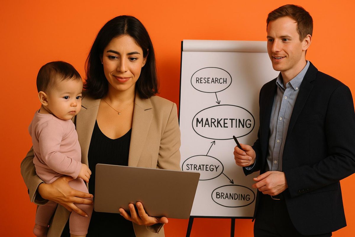 profissional segurando laptop e bebê com questões de marketing ao fundo