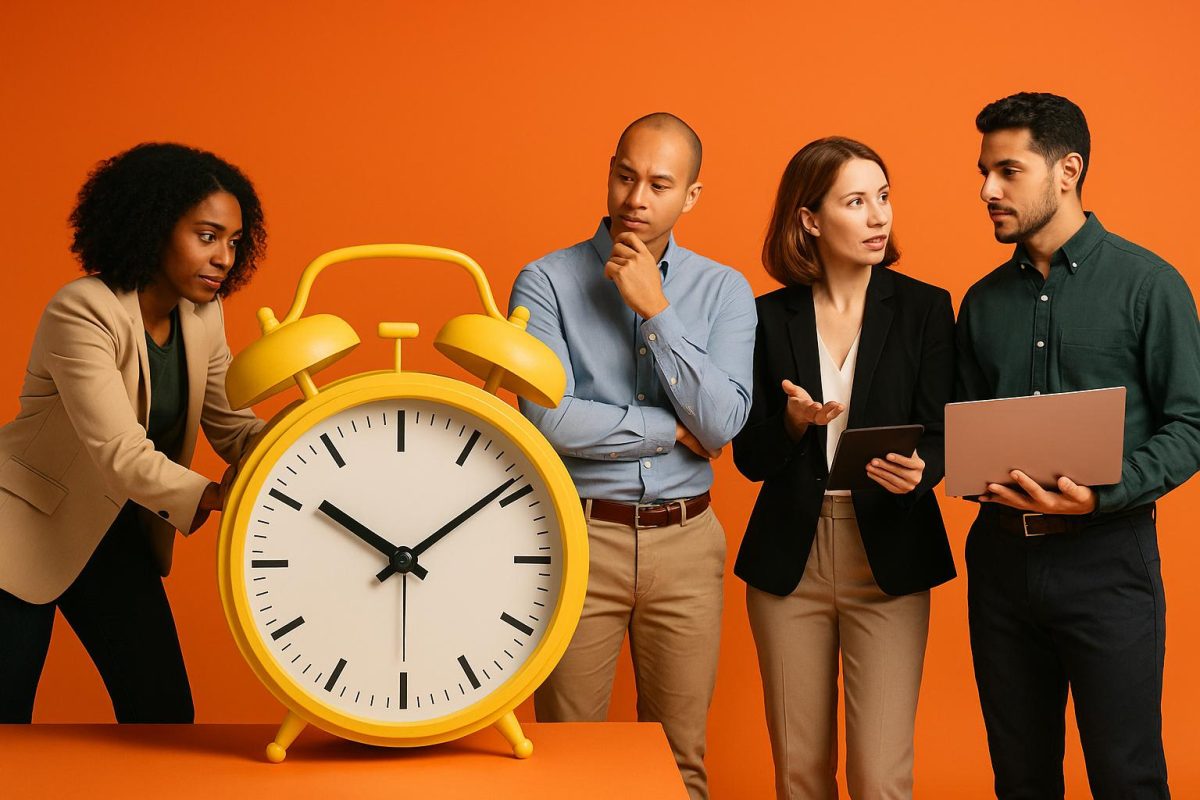 Grupo diversificado de pessoas ao redor de um grande despertador amarelo.