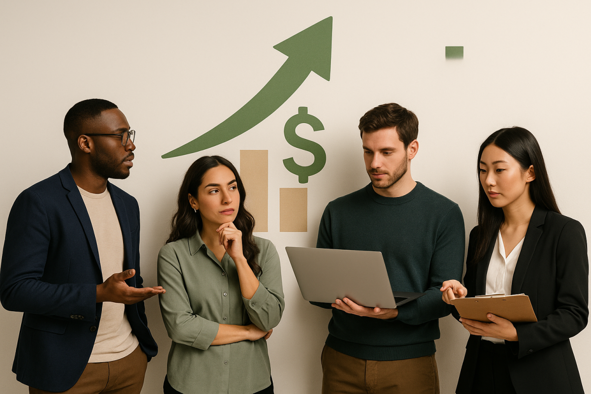 Reunião de equipe analisando gráficos de desempenho financeiro.