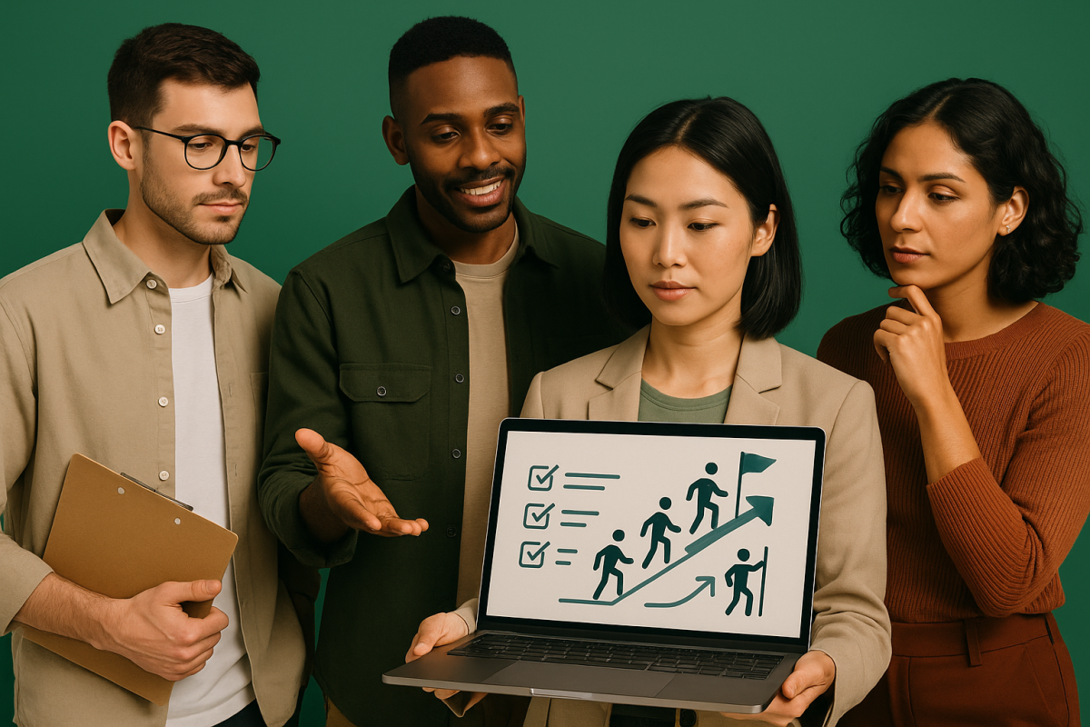 Grupo de pessoas discutindo sobre onboarding com apresentação em laptop.