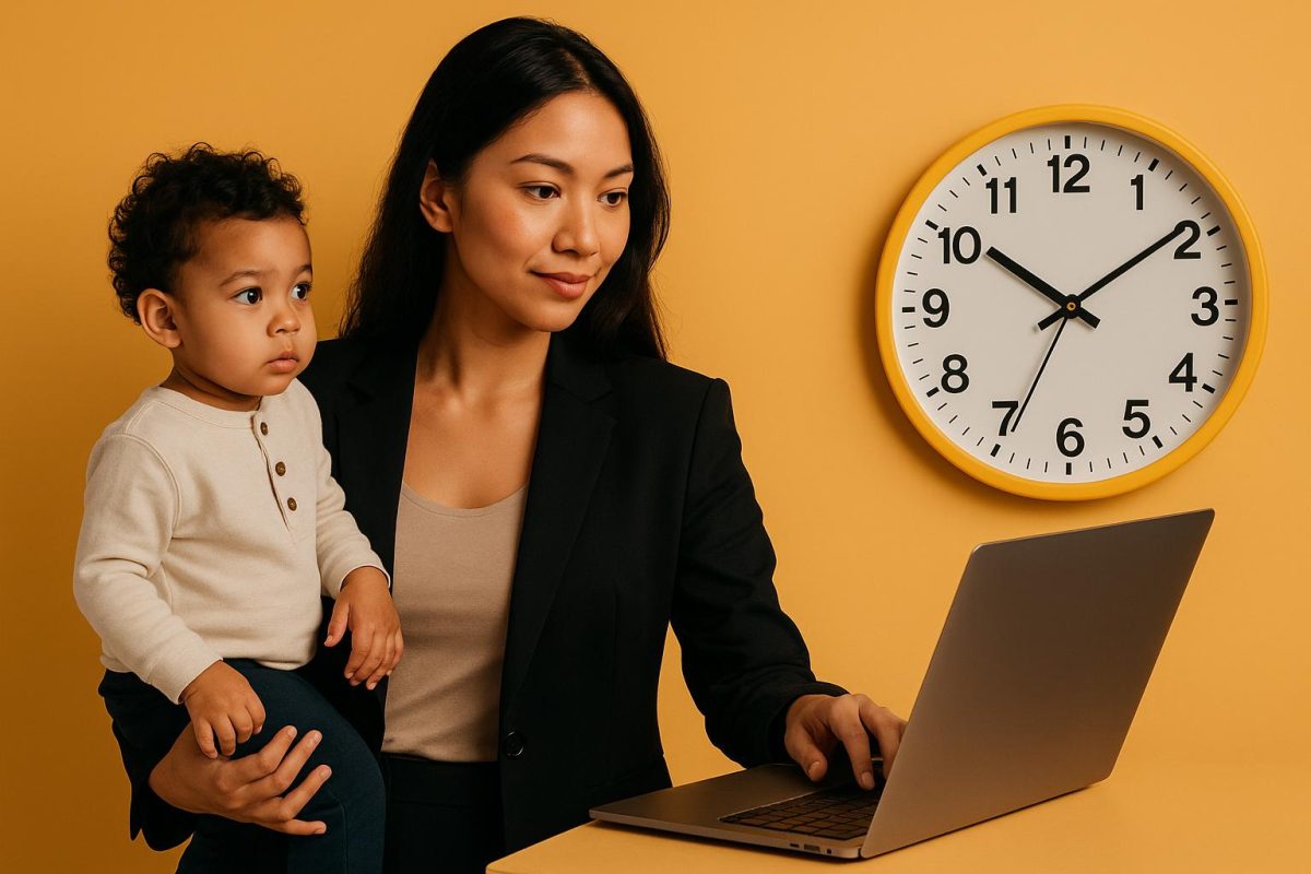 Mulher com criança usando laptop em fundo amarelo.
