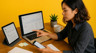 Mulher analisando dados em dispositivos eletrônicos.