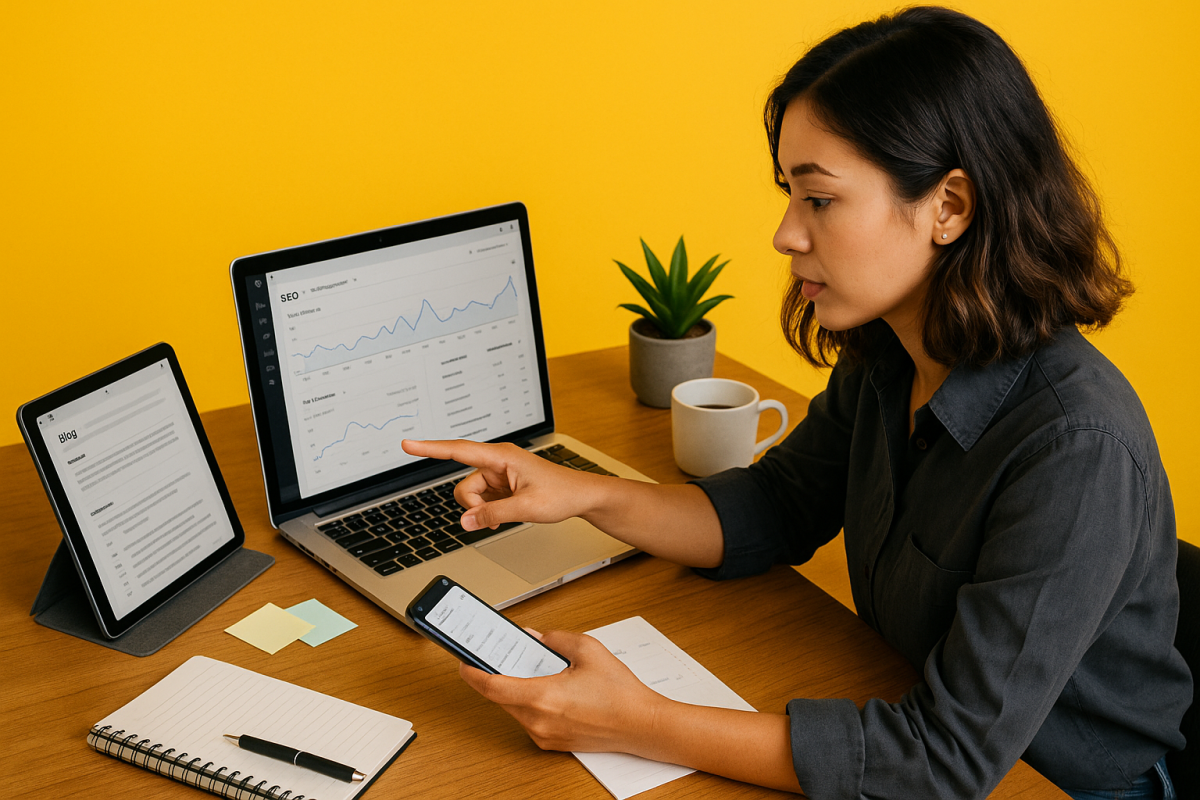 Mulher analisando dados em dispositivos eletrônicos.
