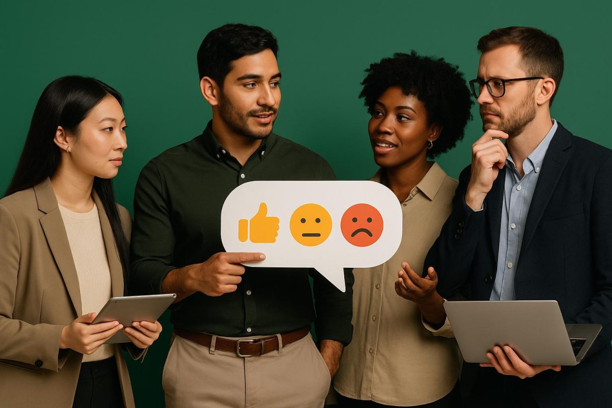 Quatro pessoas discutindo feedback com ícones de emoções.