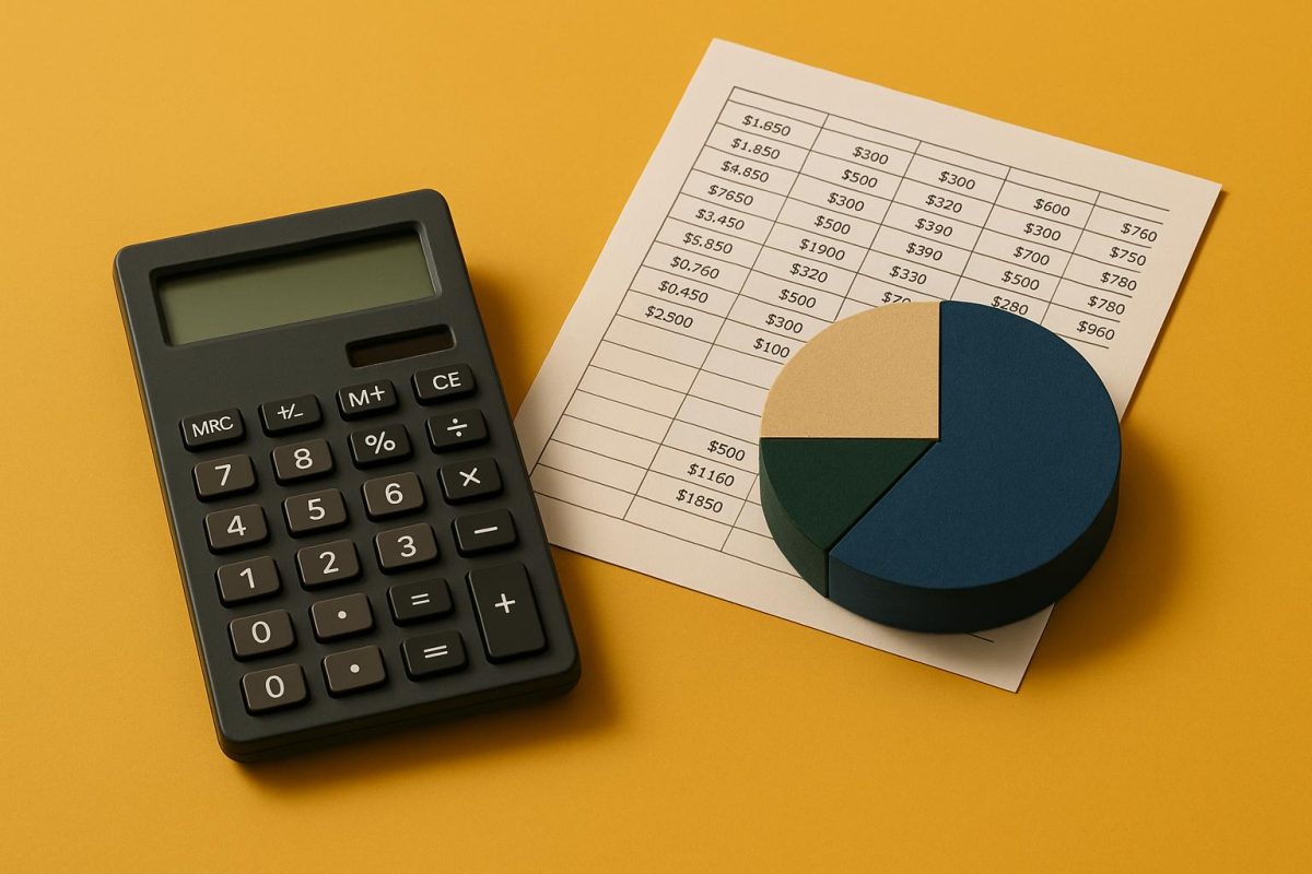 calculadora e gráfico sobre papel em fundo amarelo