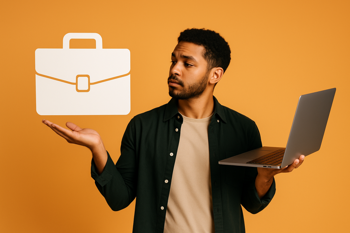 homem segurando laptop e bolsa de trabalho