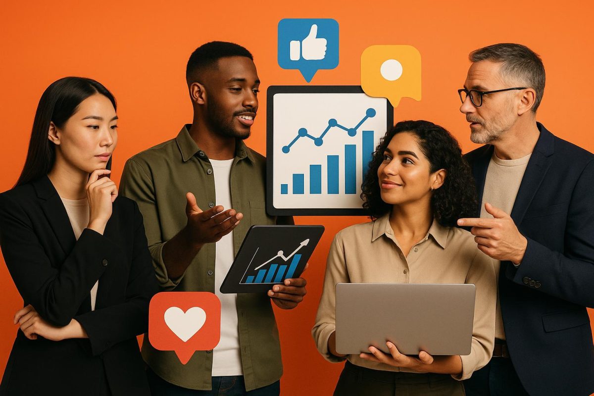 Grupo discutindo estratégias de gerenciamento de redes sociais