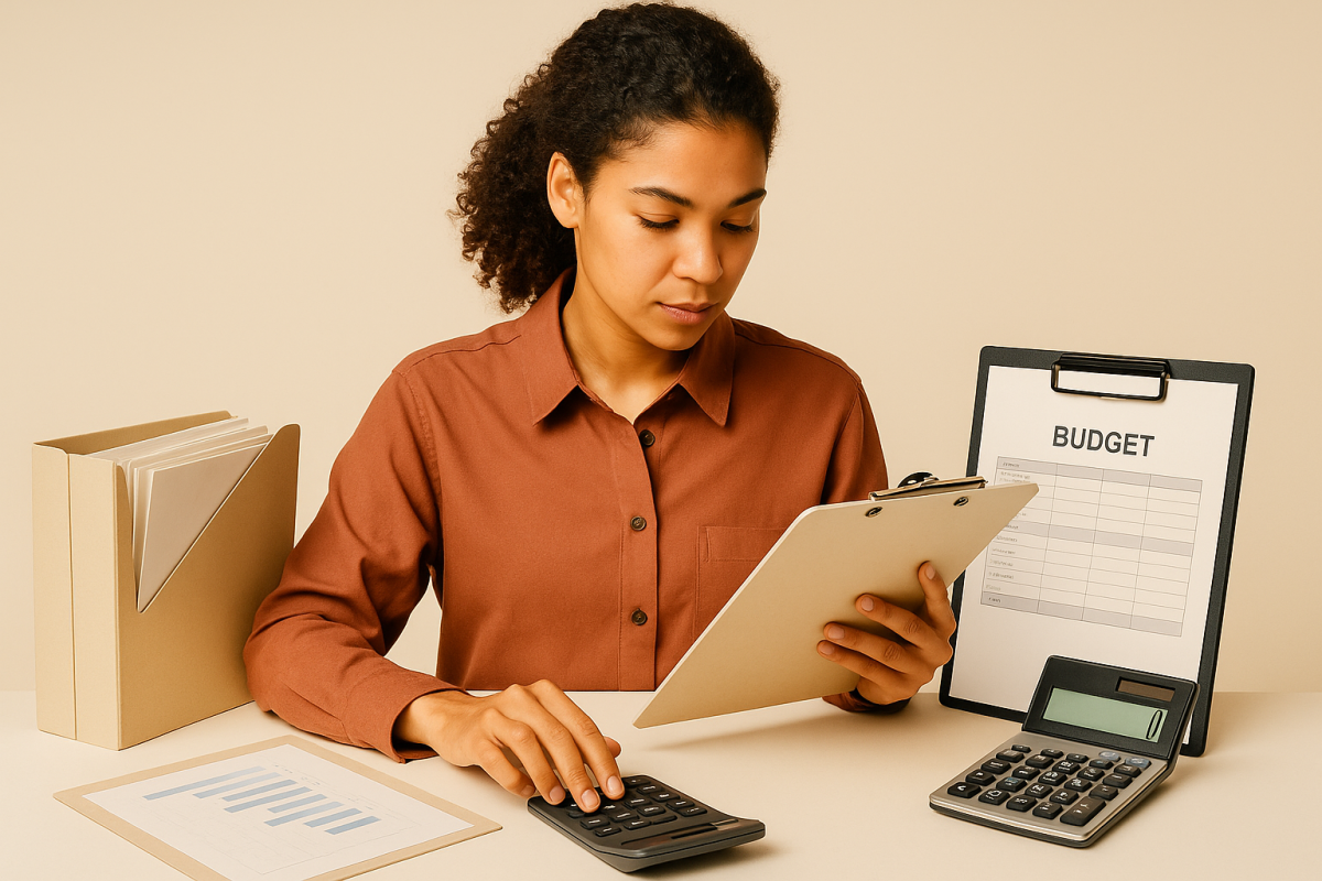 Mulher analisando finanças pessoais com calculadora e orçamentos.
