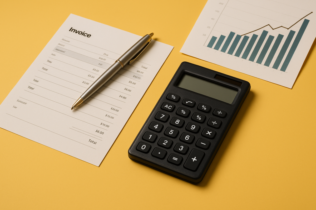 calculadora, caneta e fatura sobre fundo amarelo