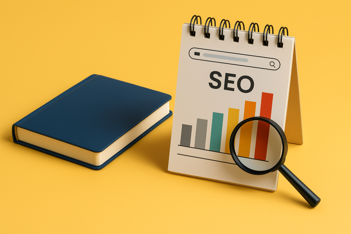 Bloco de notas e gráfico de SEO com lupa.