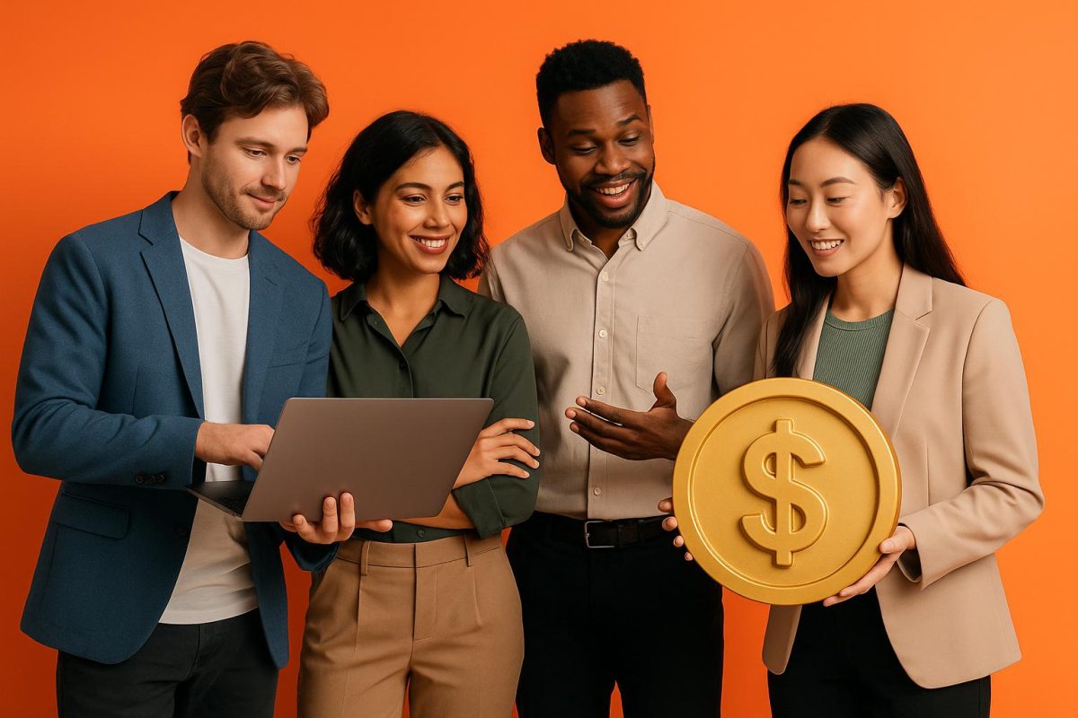Grupo de pessoas felizes com um laptop e um símbolo de dólar.