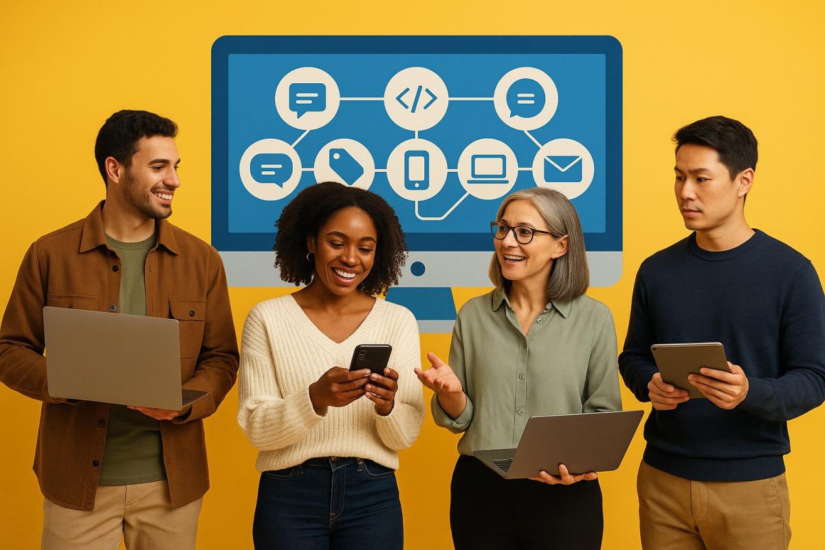 Grupo diversificado de pessoas sorrindo e usando dispositivos tecnológicos.