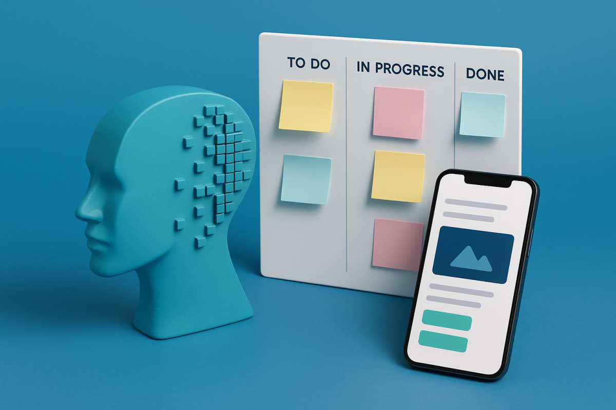 Cabeça estilizada e smartphone com post-its coloridos.