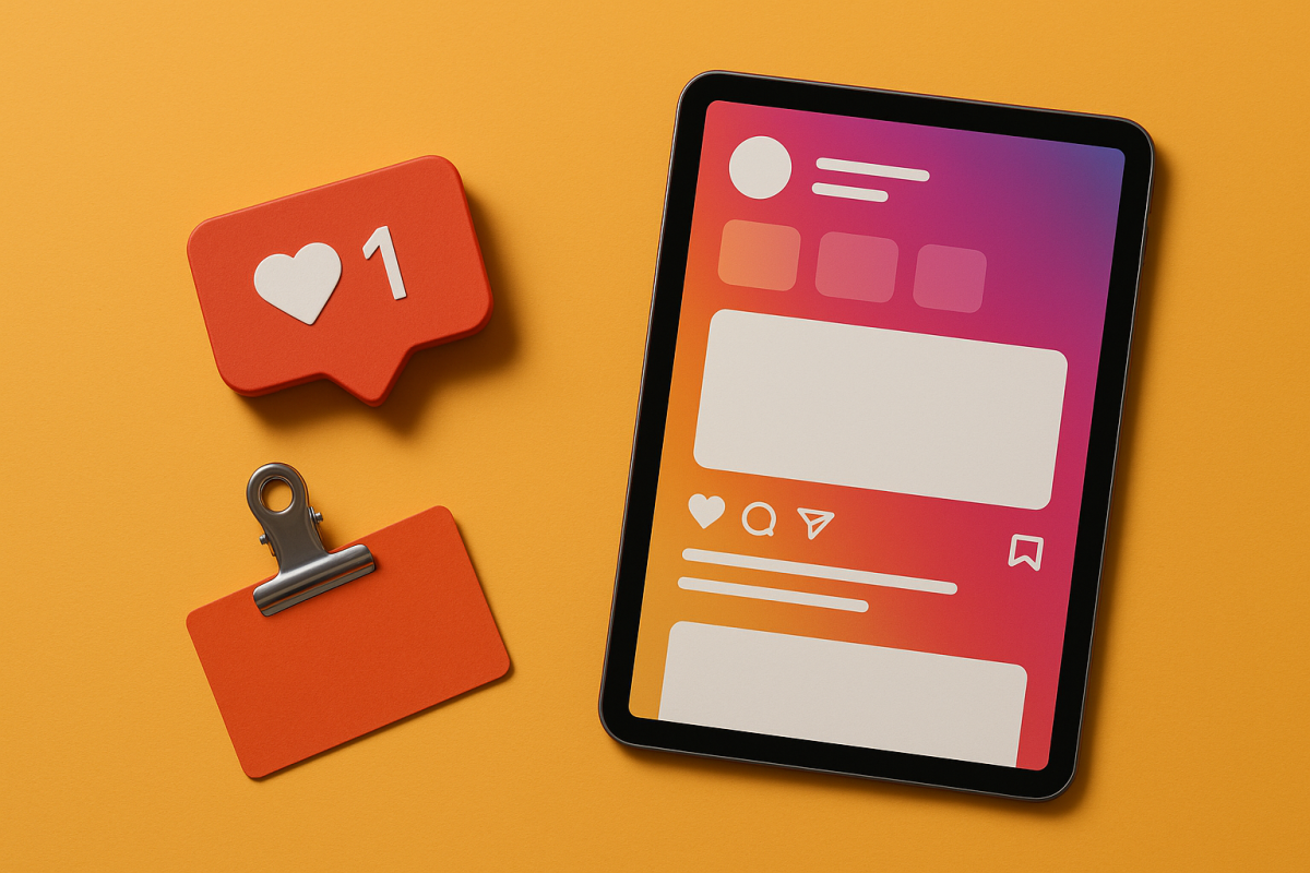 Tablet mostrando interface do Instagram sobre fundo amarelo.