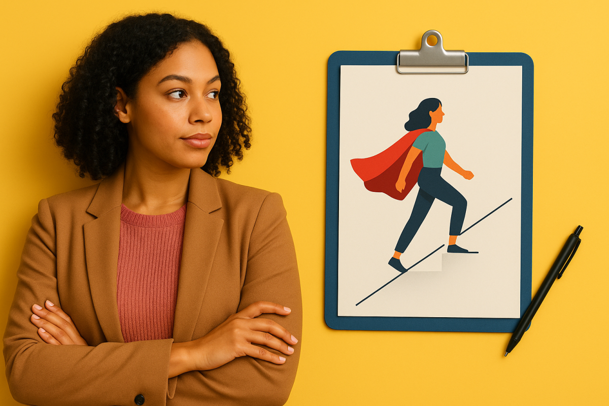 Mulher pensando ao lado de imagem de super-heroína