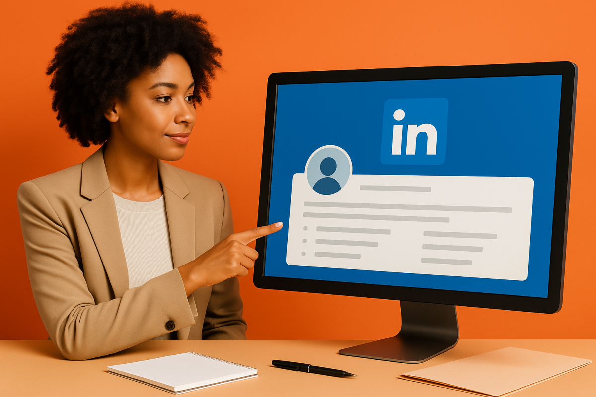 Mulher apontando para a tela do computador com LinkedIn aberto.