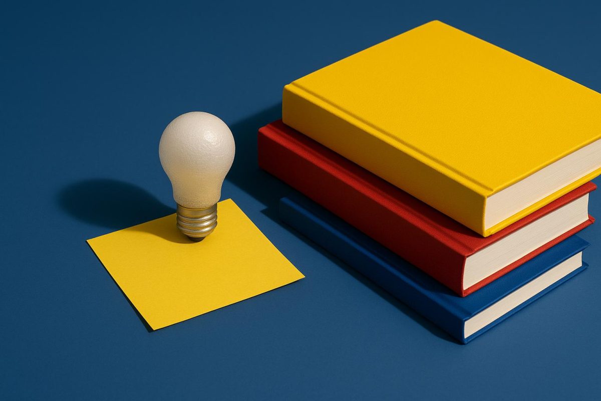 Lâmpada e livros coloridos sobre uma superfície azul.