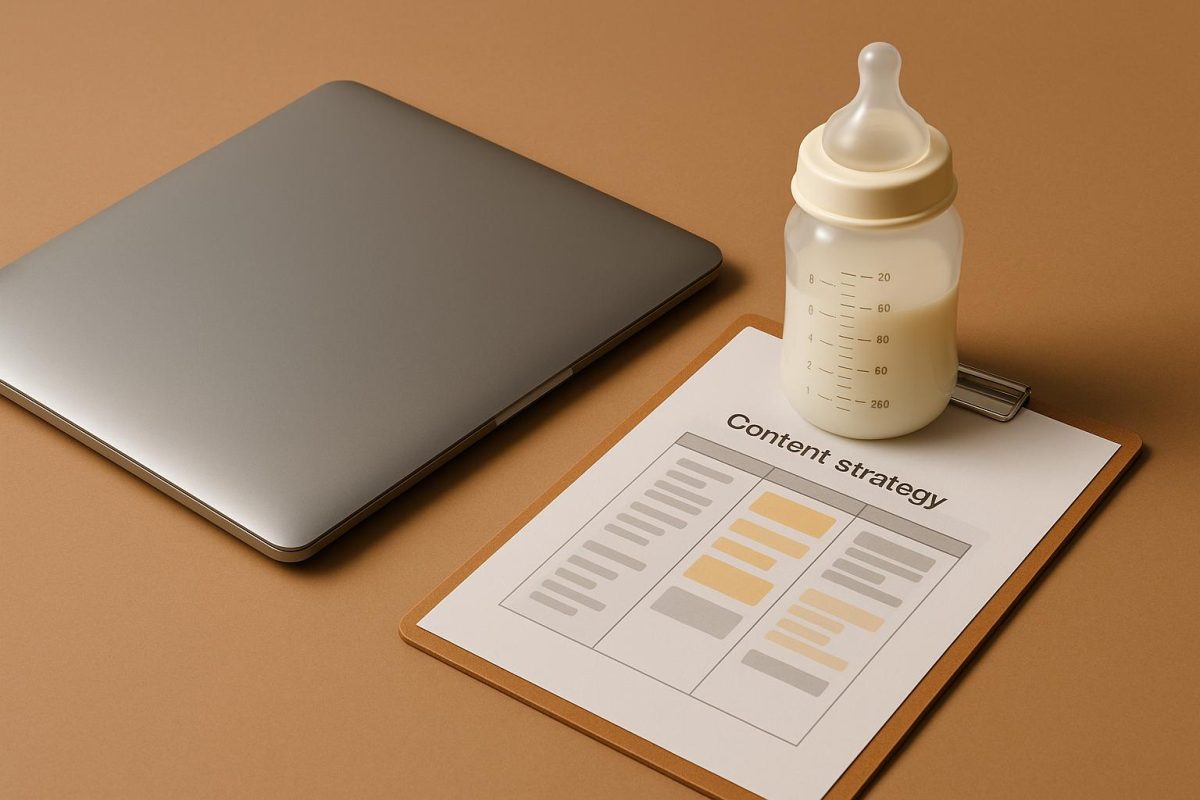 Laptop, papel com estratégia de conteúdo e mamadeira.