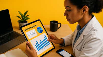 Profissional avaliando dados de marketing em um tablet.