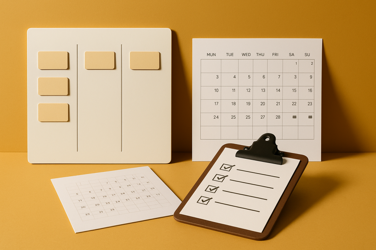 Organizadores e calendário sobre fundo amarelo