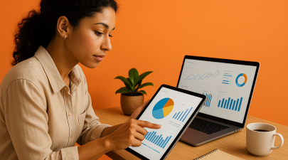 Mulher analisando gráficos em tablet e laptop