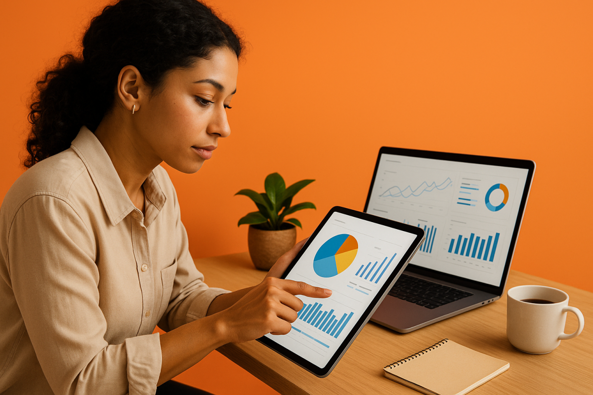 Mulher analisando gráficos em tablet e laptop