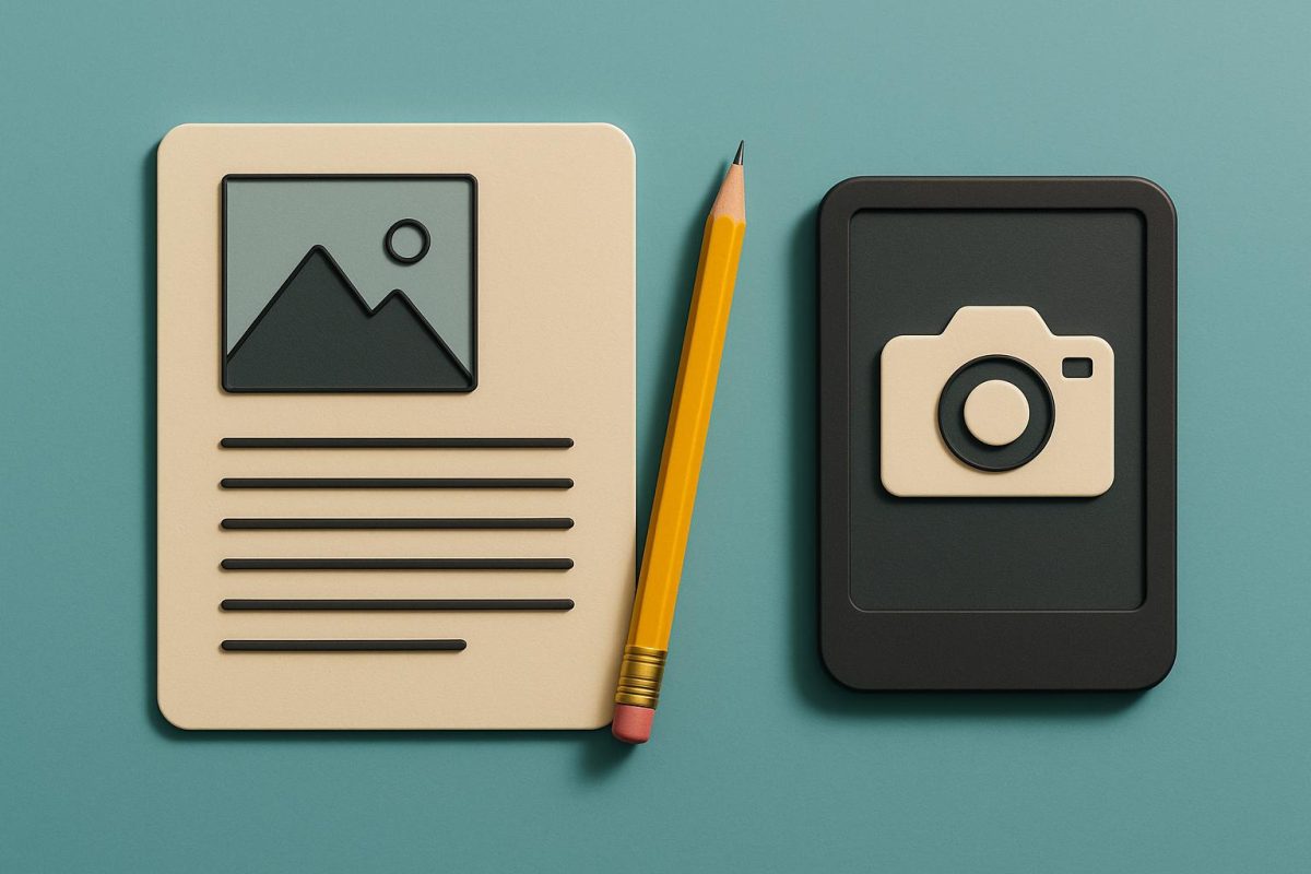 materiais de escritório com ícones de imagem e câmera