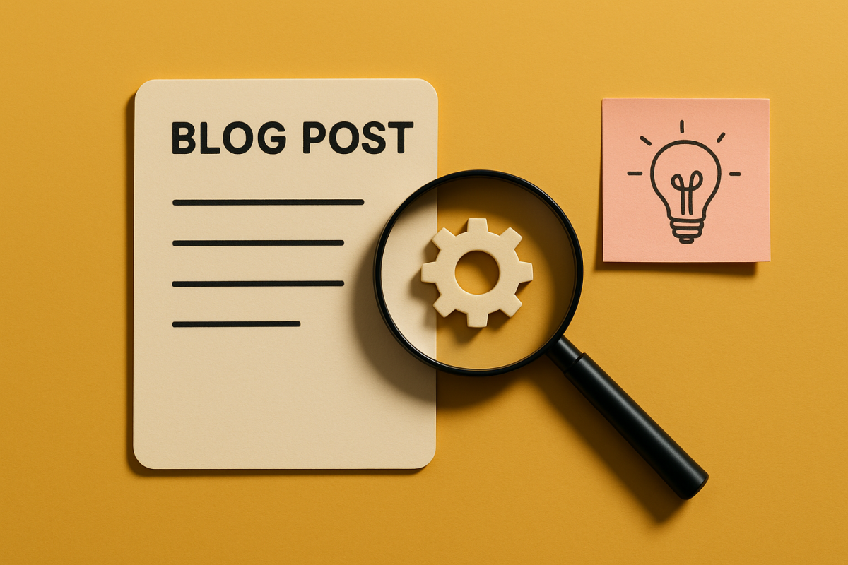 material para blog com lupa e ícone de ideia