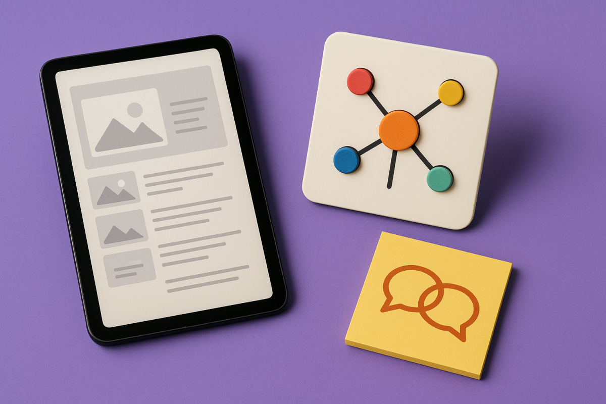 dispositivos digitais e ícones coloridos sobre fundo roxo