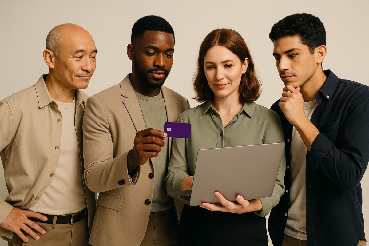 quatro pessoas analisando informações no laptop