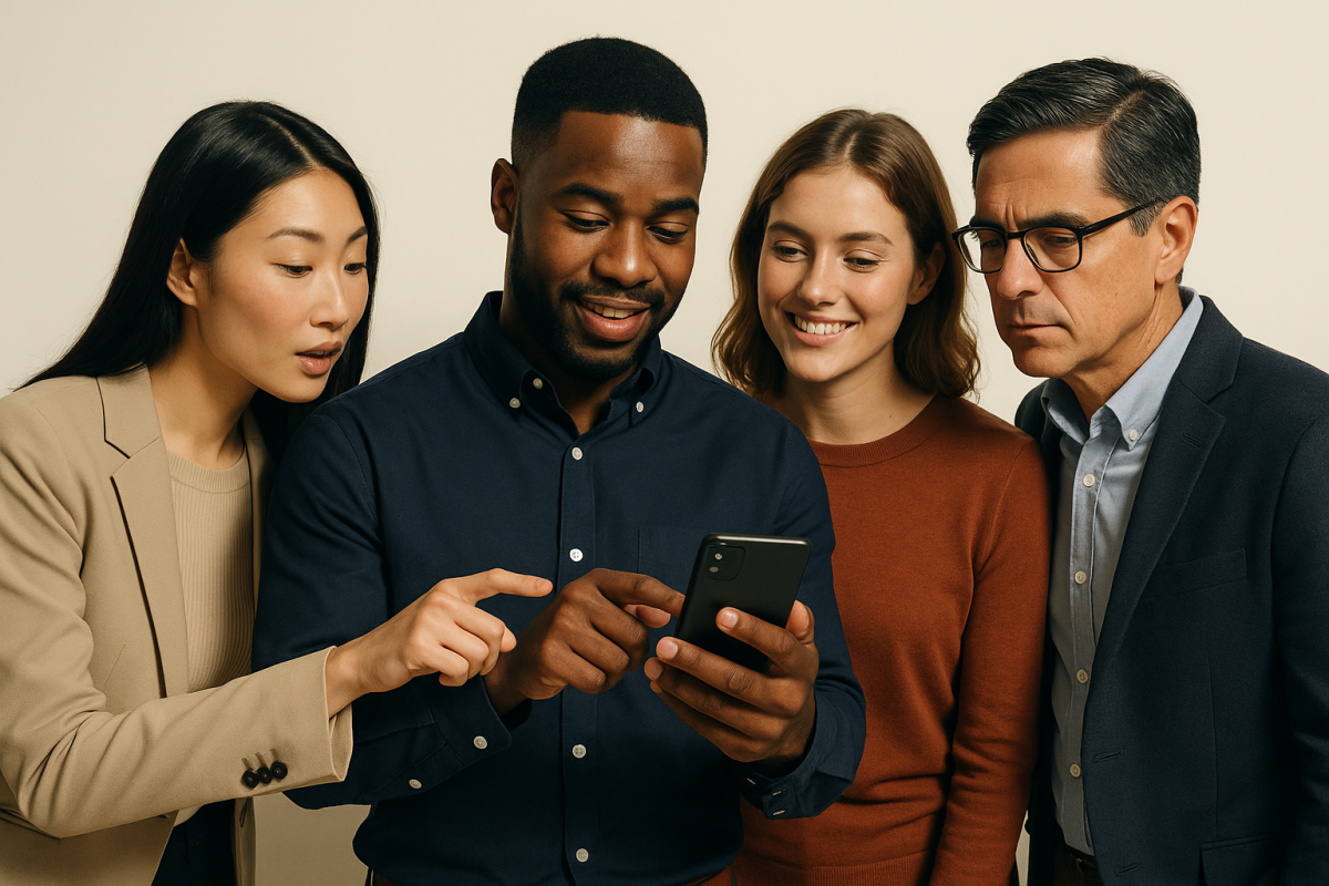 Quatro pessoas olhando para um celular, interagindo e sorrindo.