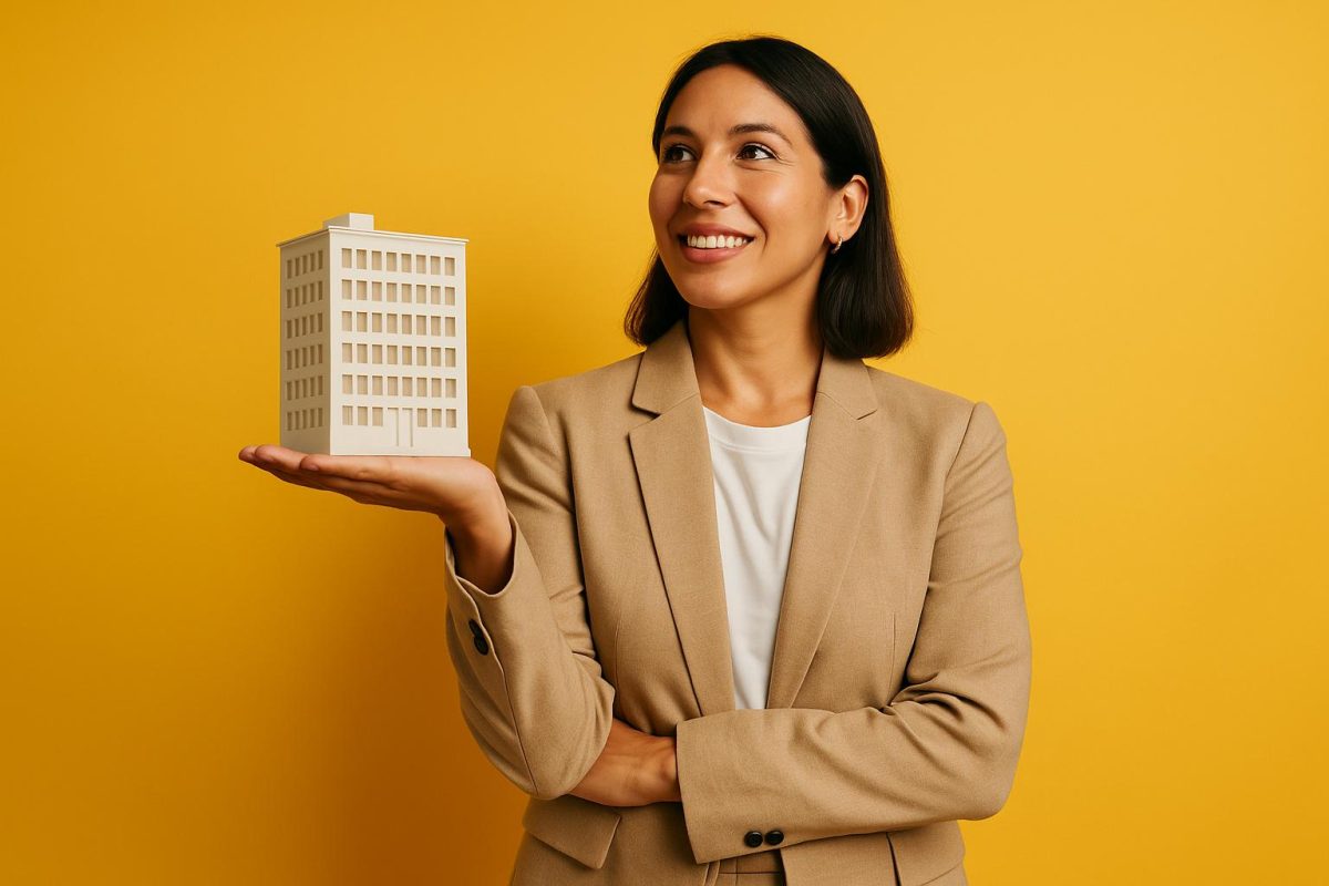 Mulher segurando maquete de um edifício em fundo amarelo.