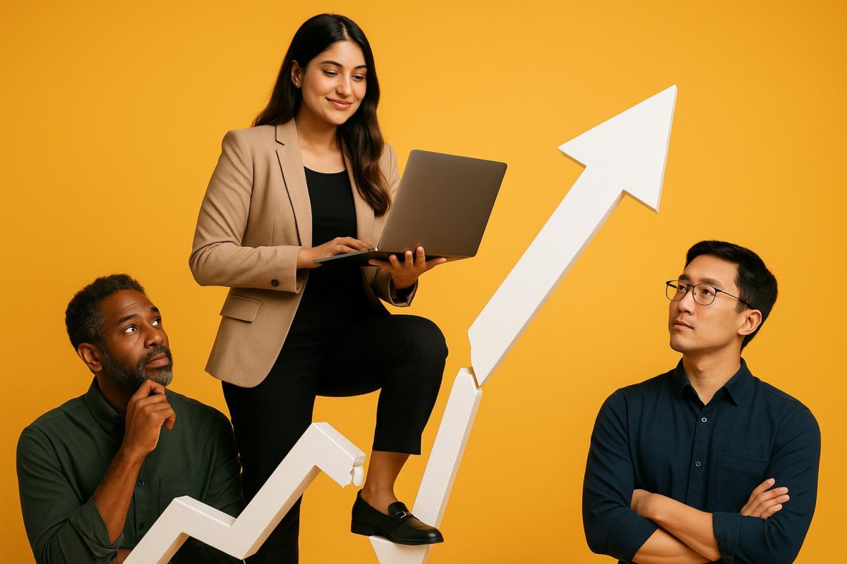 Equipe analisando resultados com um gráfico em ascensão.