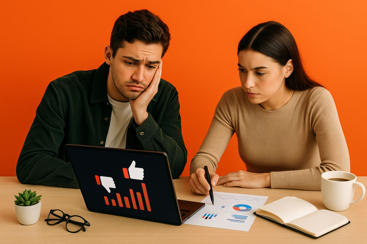 Casal analisando gráficos com expressões preocupadas.