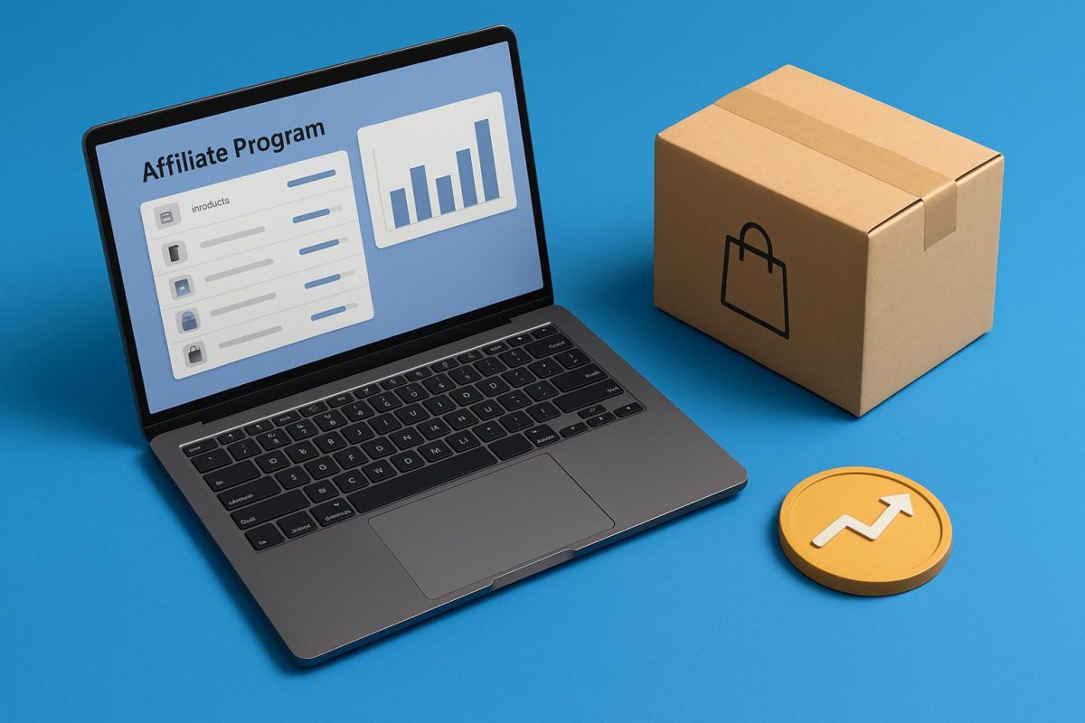 Computador portátil com informações sobre programa de afiliados.