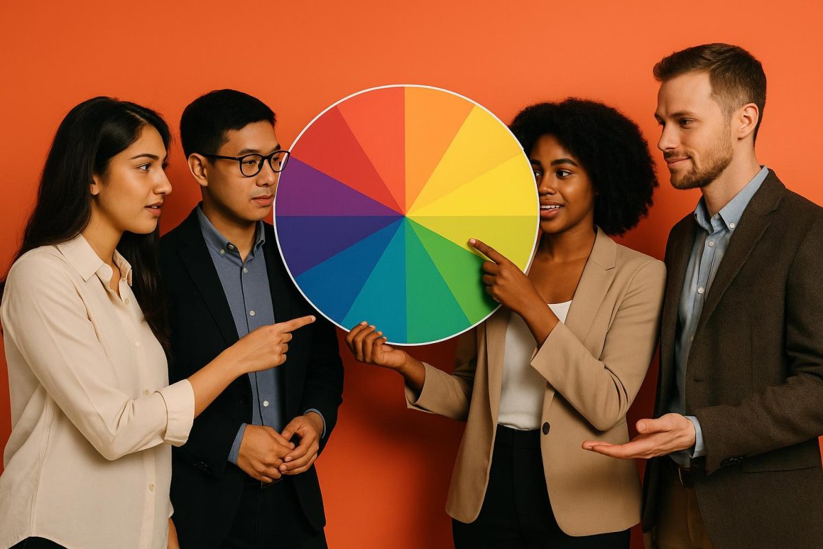 Grupo de pessoas apresentando um círculo de cores.