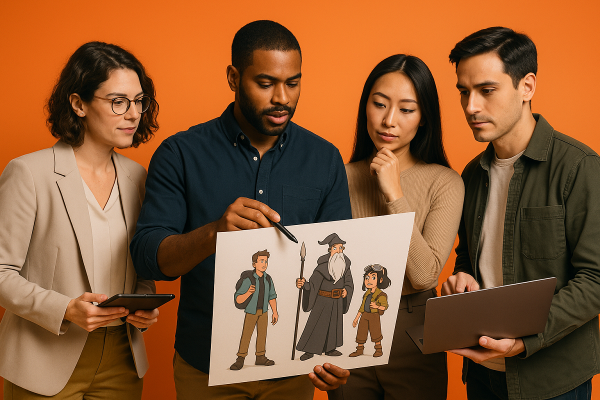 Grupo analisando design de personagens em reunião.